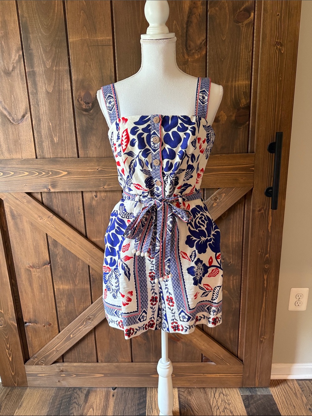Rachel Zoe White Romper with Blue & Red Floral Print
